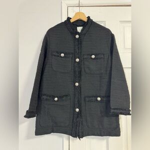 H&M Black Textured Tweed Coat with Decorative Buttons